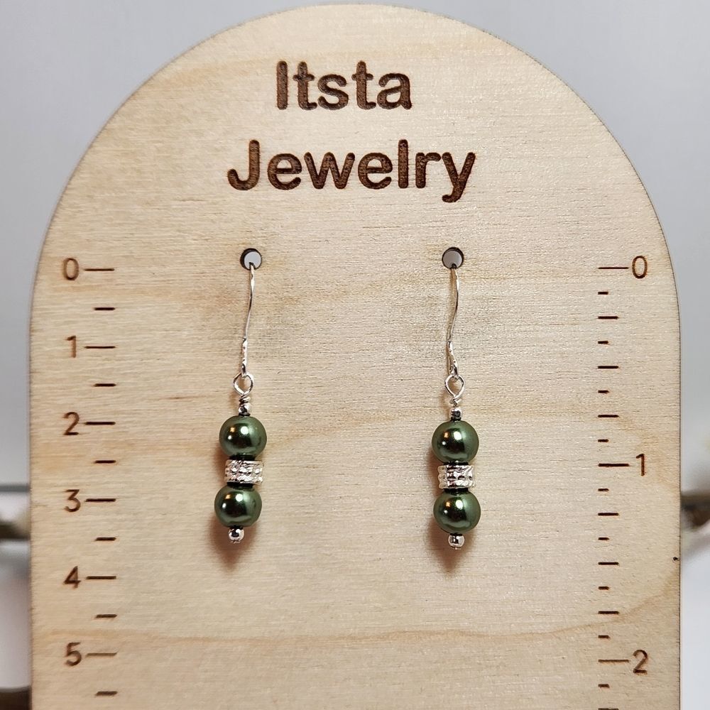 Rich Green Pearl Earrings 6mm Czech Glass Pearls  Sterling Silver Earwires